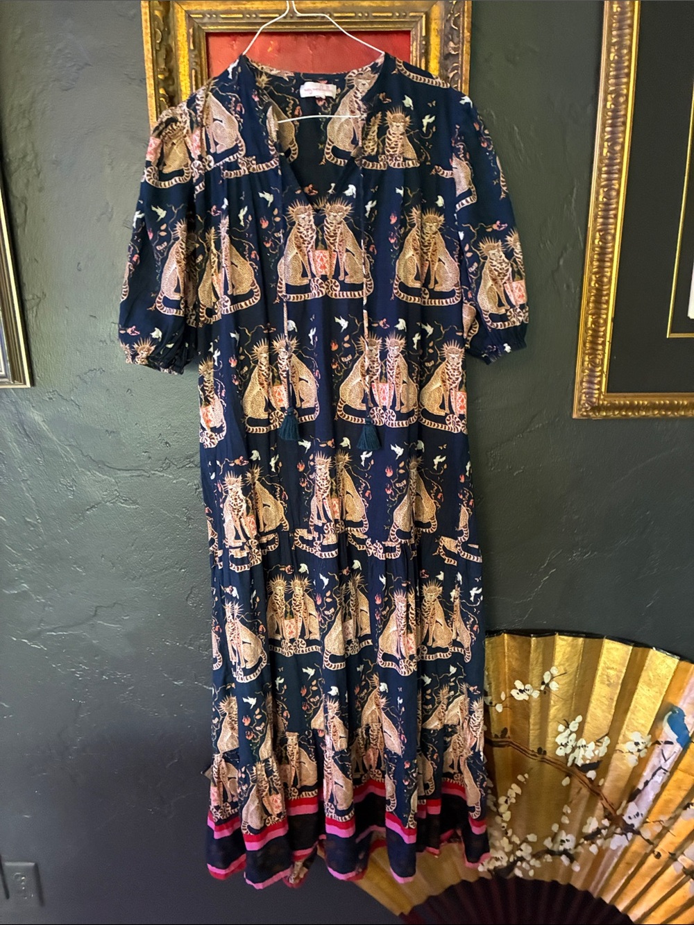 Mary marshmallow Women's Navy Printed Maxi Dress with Pink Accents
